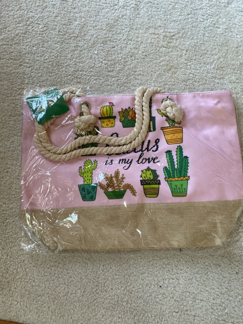 Pink Cactus Tote Bag with Rope Handles